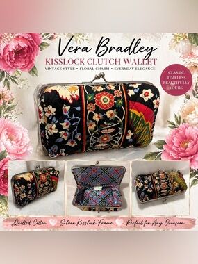 Vera Bradley Black Floral Kisslock Clutch Wallet with Multicolor Embroidery